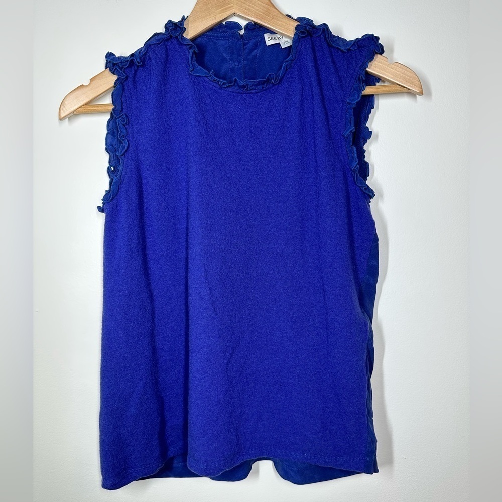 SEE by Chloe Royal Blue Wool and Silk‎ Ruffle Tank Size 4